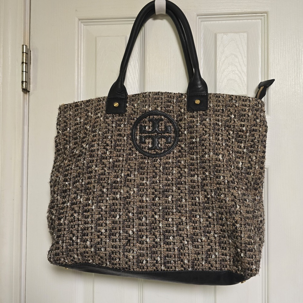 Tory Burch Black and Brown Tweed Tote Shoulder Bag